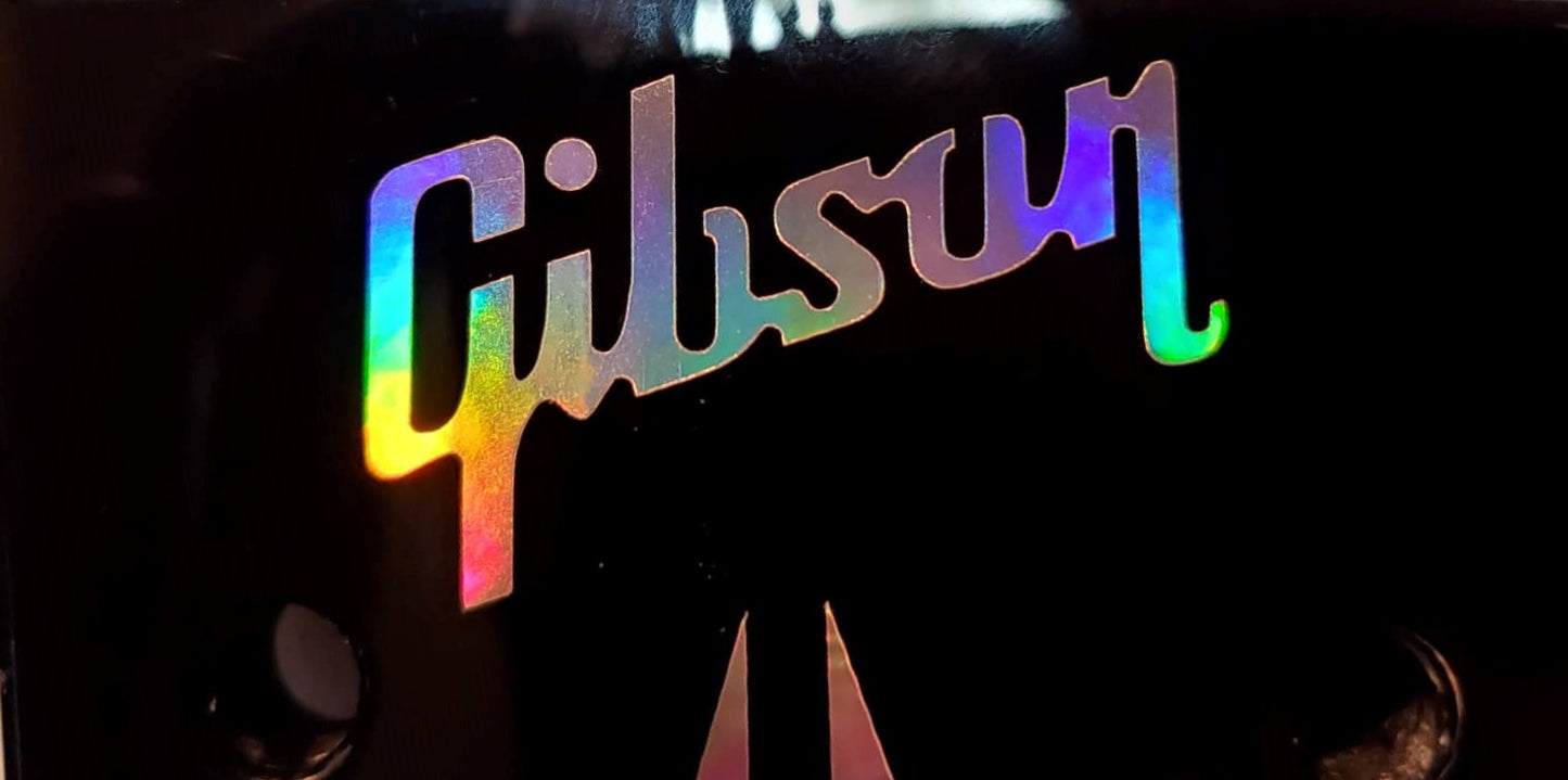 Gibson Guitar Headstock Logo Die-Cut Metalized Decal, Oil Slick Aluminum OEM Sze LOT x2