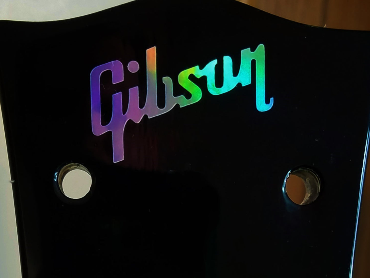 Gibson Guitar Headstock Logo Die-Cut Metalized Decal, Oil Slick Aluminum OEM Sze LOT x2