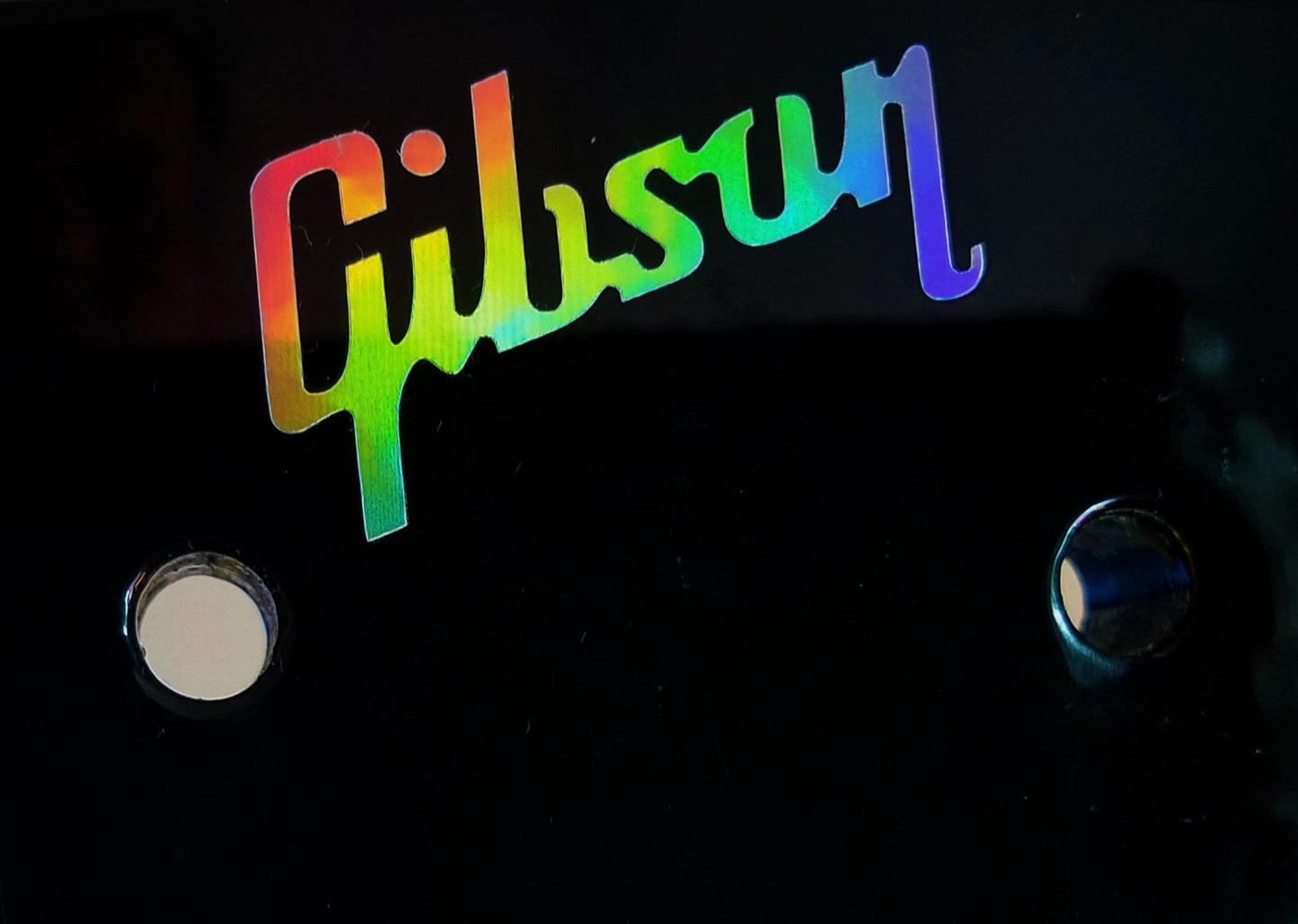 Gibson Guitar Headstock Logo Die-Cut Metalized Decal, Oil Slick Aluminum OEM Sze LOT x2