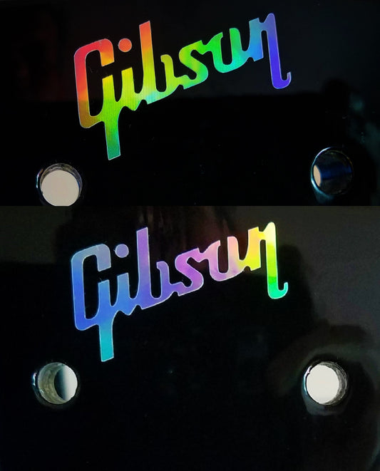 Gibson Guitar Headstock Logo Die-Cut Metalized Decal, Oil Slick Aluminum OEM Sze LOT x2