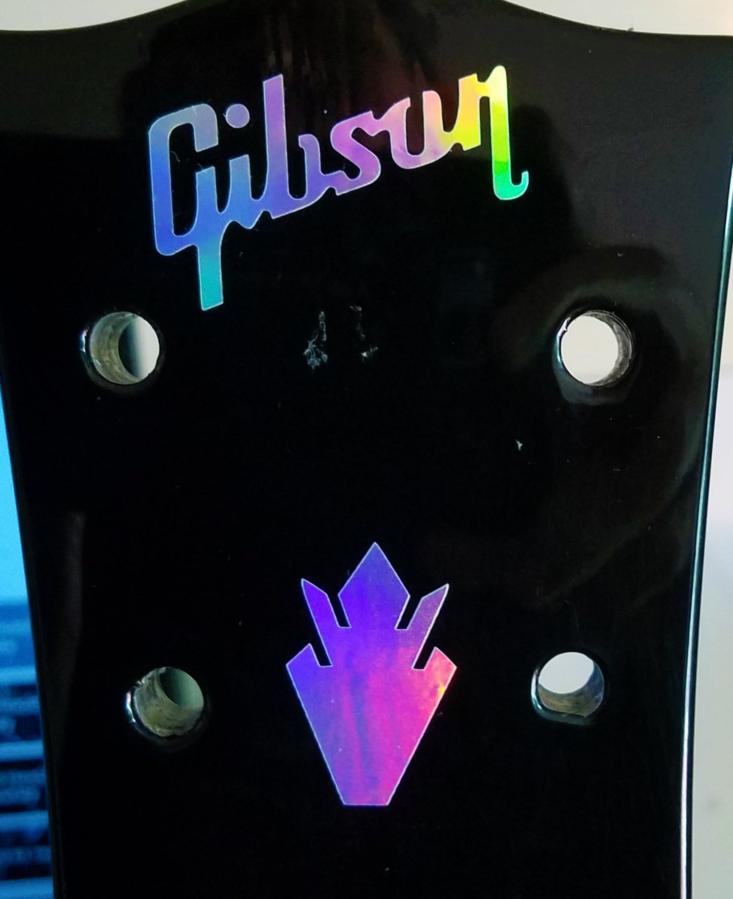Gibson Guitar Headstock Decal, 1 Logo & TWO Crowns, Die-Cut, Oil Slick Aluminum