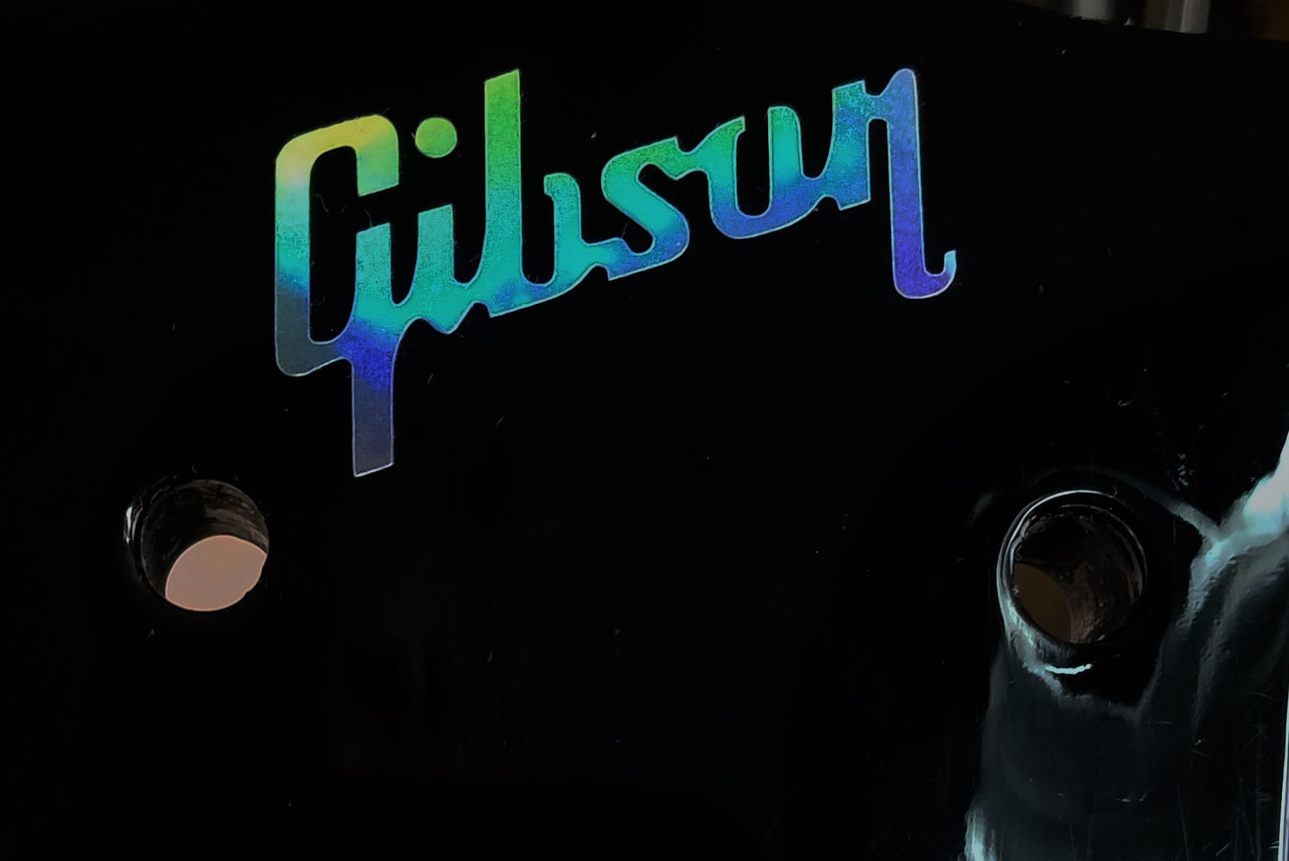 Gibson Guitar Headstock Logo Die-Cut Metalized Decal, Oil Slick Aluminum OEM Sze LOT x2